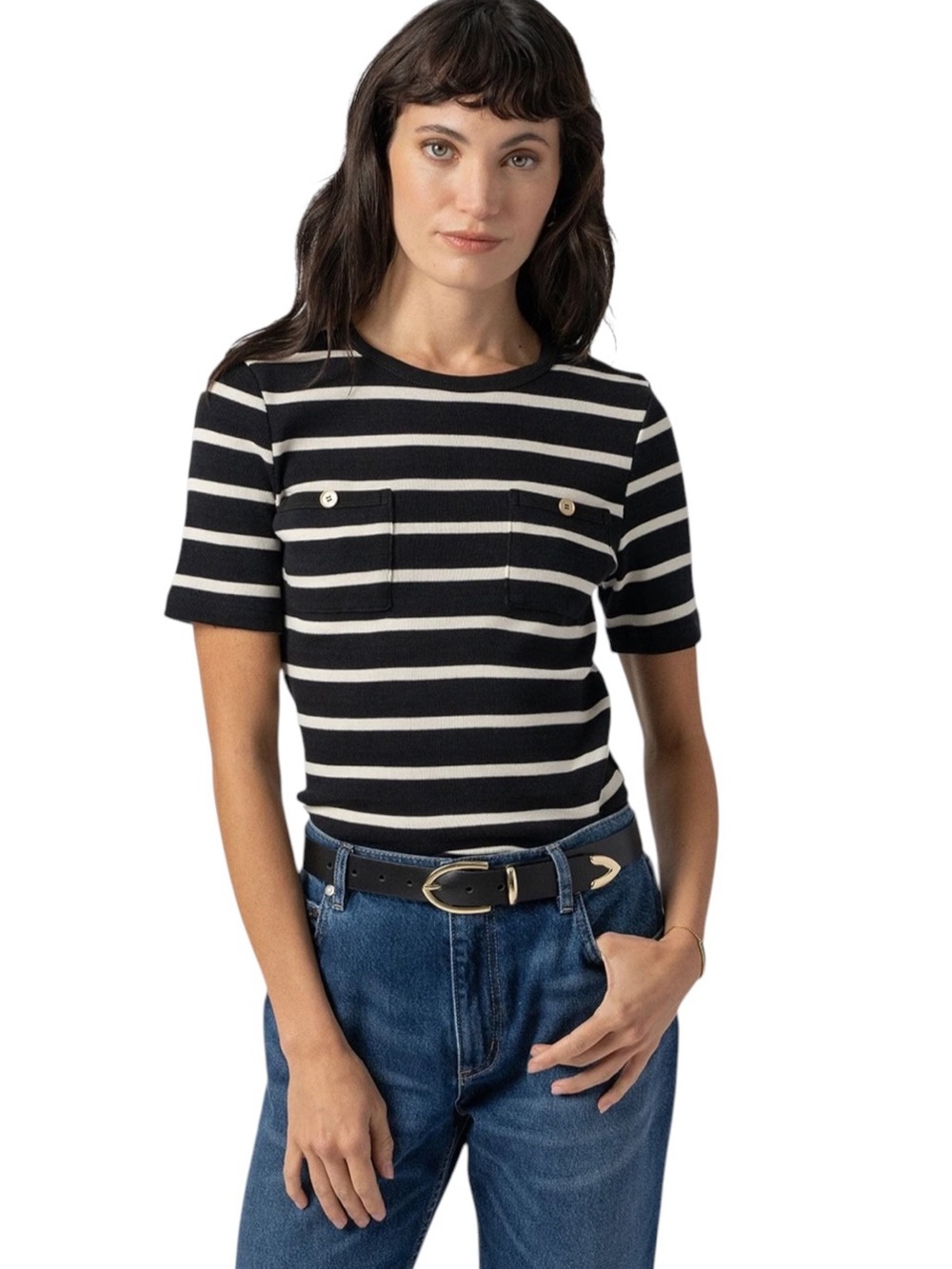 Saint + Sofia Helena Tee 6 Striped Ribbed Knit Cotton Top Pocket Detail Coastal